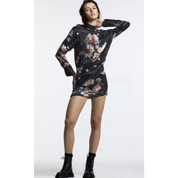 Zara Dress XL Black, The Camila Floral Satin Mini High Mock Neck Long Sleeve - Picture 9 of 9